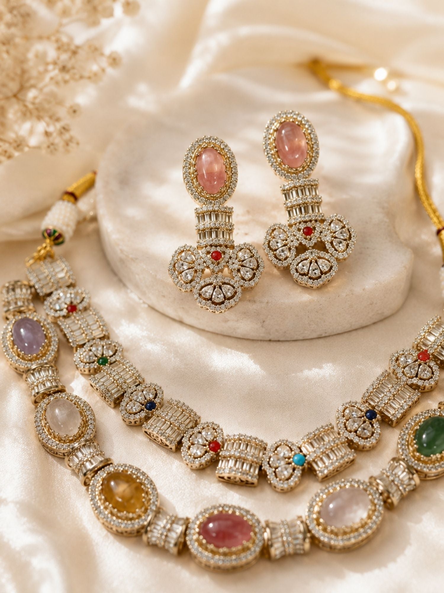 Navratna Layered Necklace Set in Gold Plating – Festive Wear | Abdesigns
