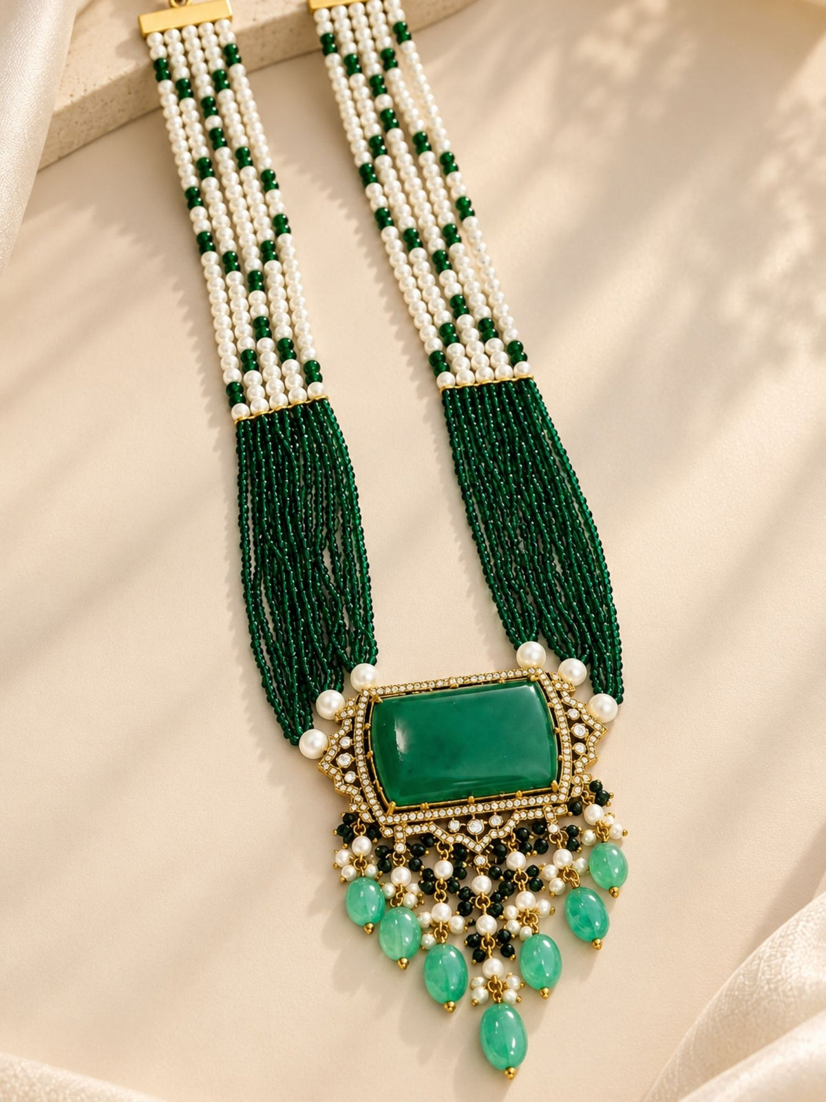 Green Kundan Pearl Beaded Mala Necklace Set | Abdesigns Jewellery