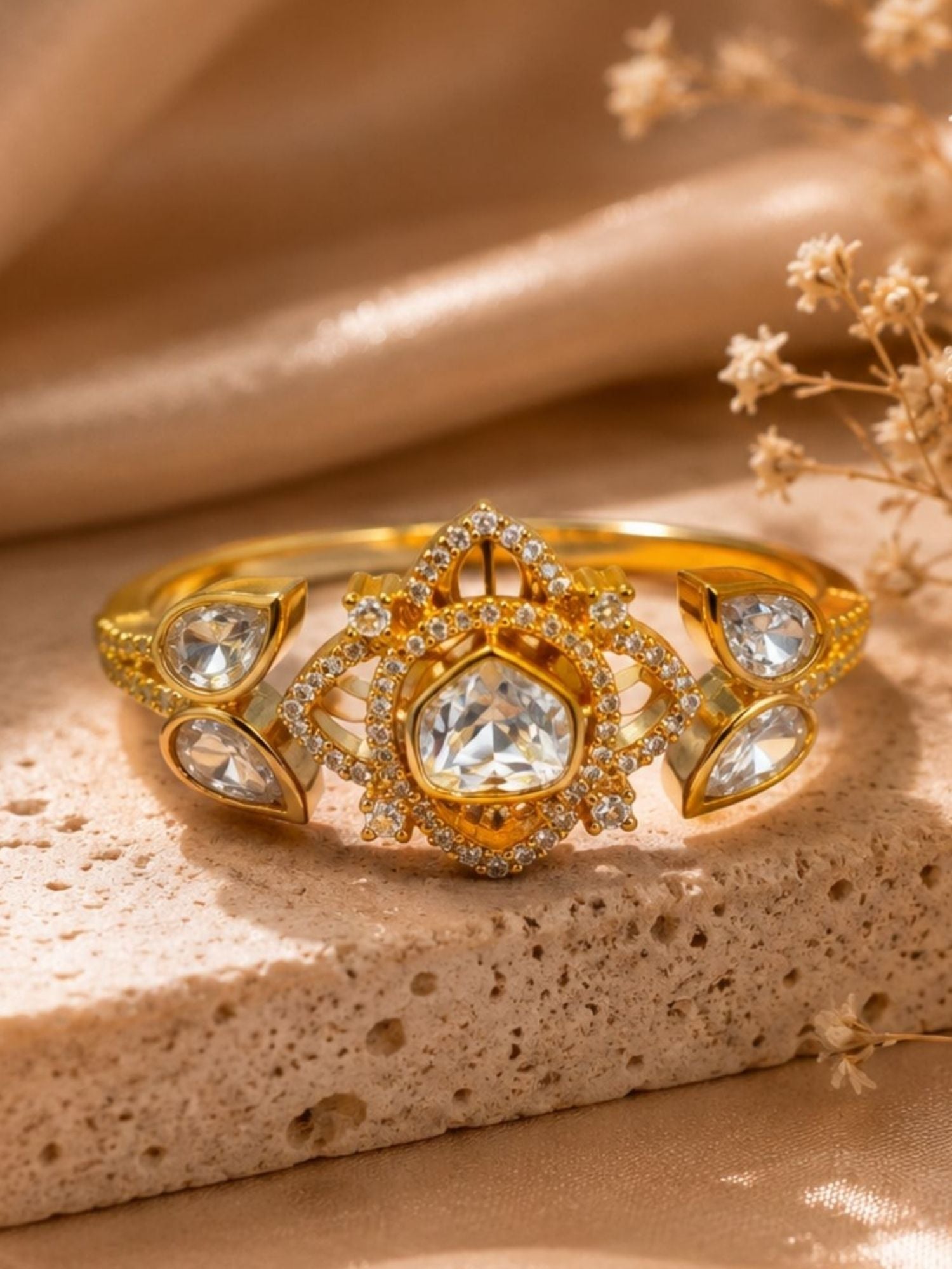 Polki Diamond Kundan Double Finger Ring in Gold Plating Festive | Abdesigns