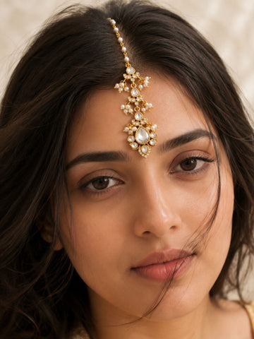 Bridal Polki Pearl Maang Tikka in Oxidsed Gold Plating | Abdesigns