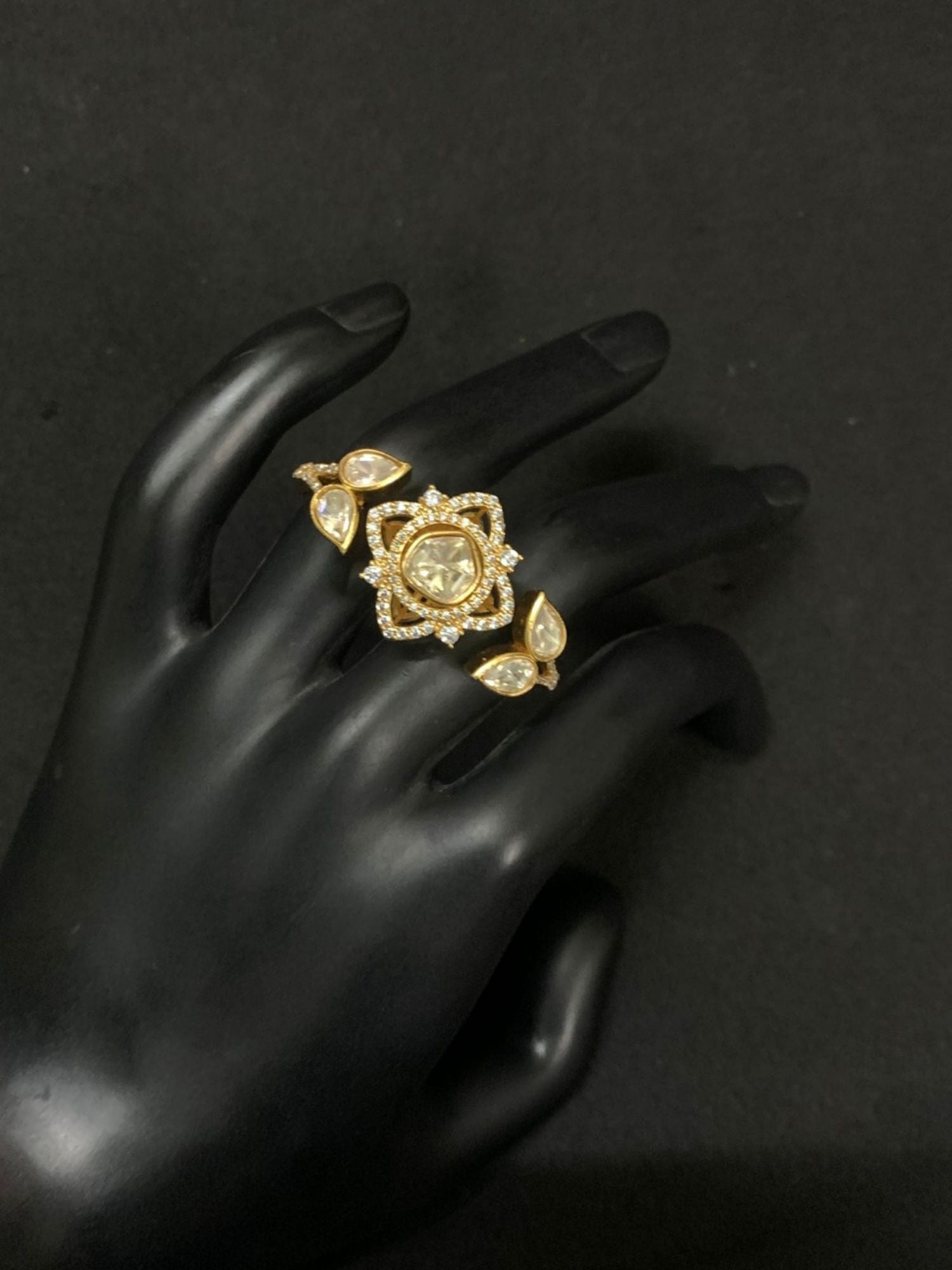 Polki Diamond Kundan Double Finger Ring in Gold Plating Festive | Abdesigns