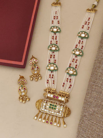 Elegant Gold Plated Necklace with intricate design featuring pearls and colorful stones