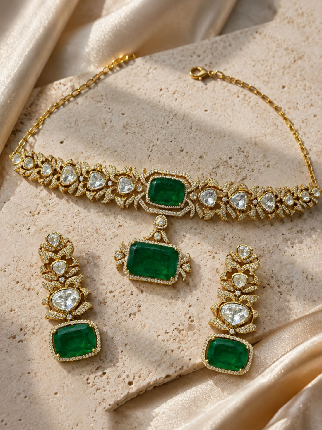 Gold Plated Green Stone Kundan Choker Necklace Set with Earrings