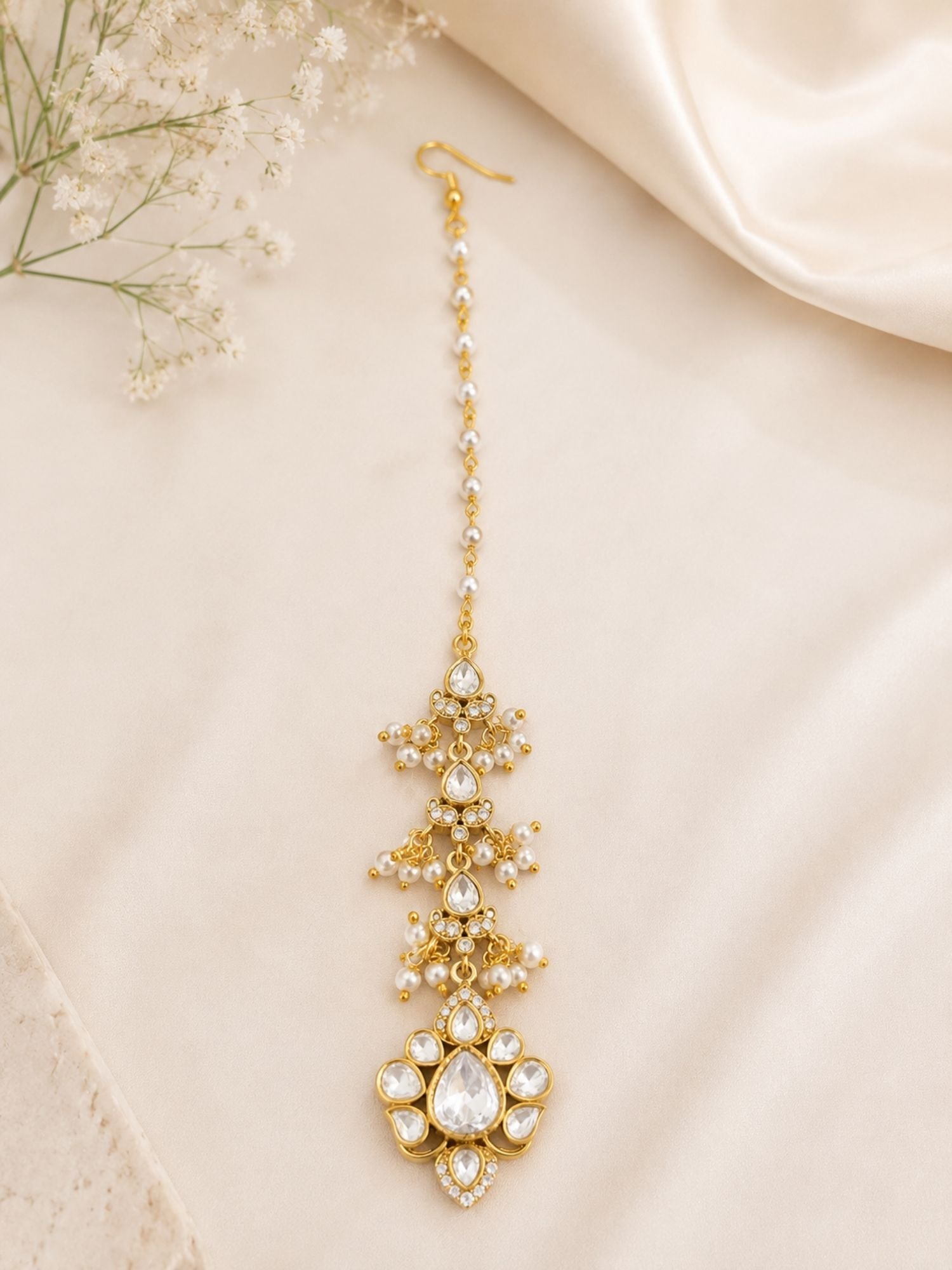 Bridal Polki Pearl Maang Tikka in Oxidsed Gold Plating | Abdesigns