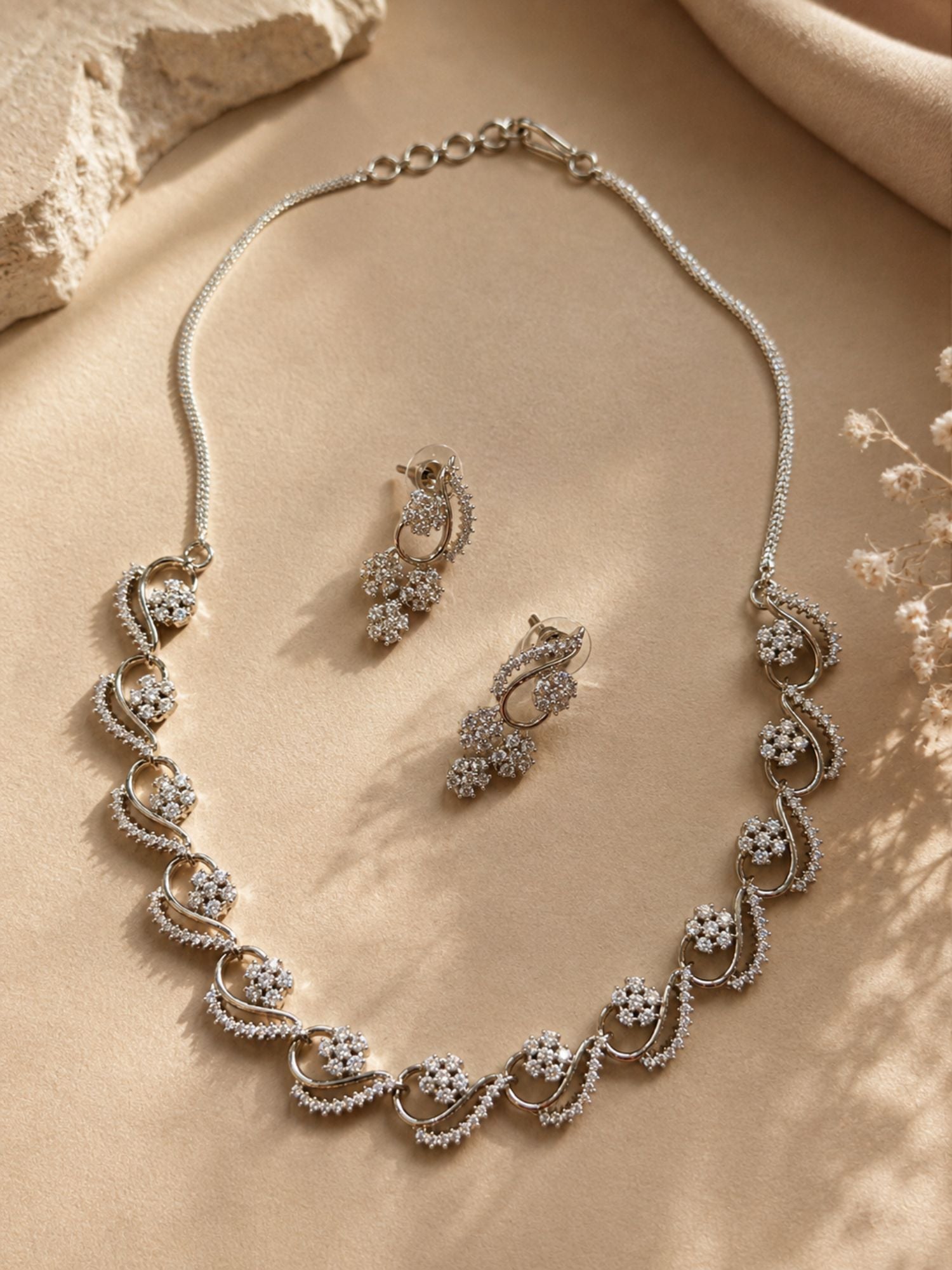 Floral American Diamond Necklace Set with Earrings – Gold, Rose Gold & Silver Plated | Abdesigns