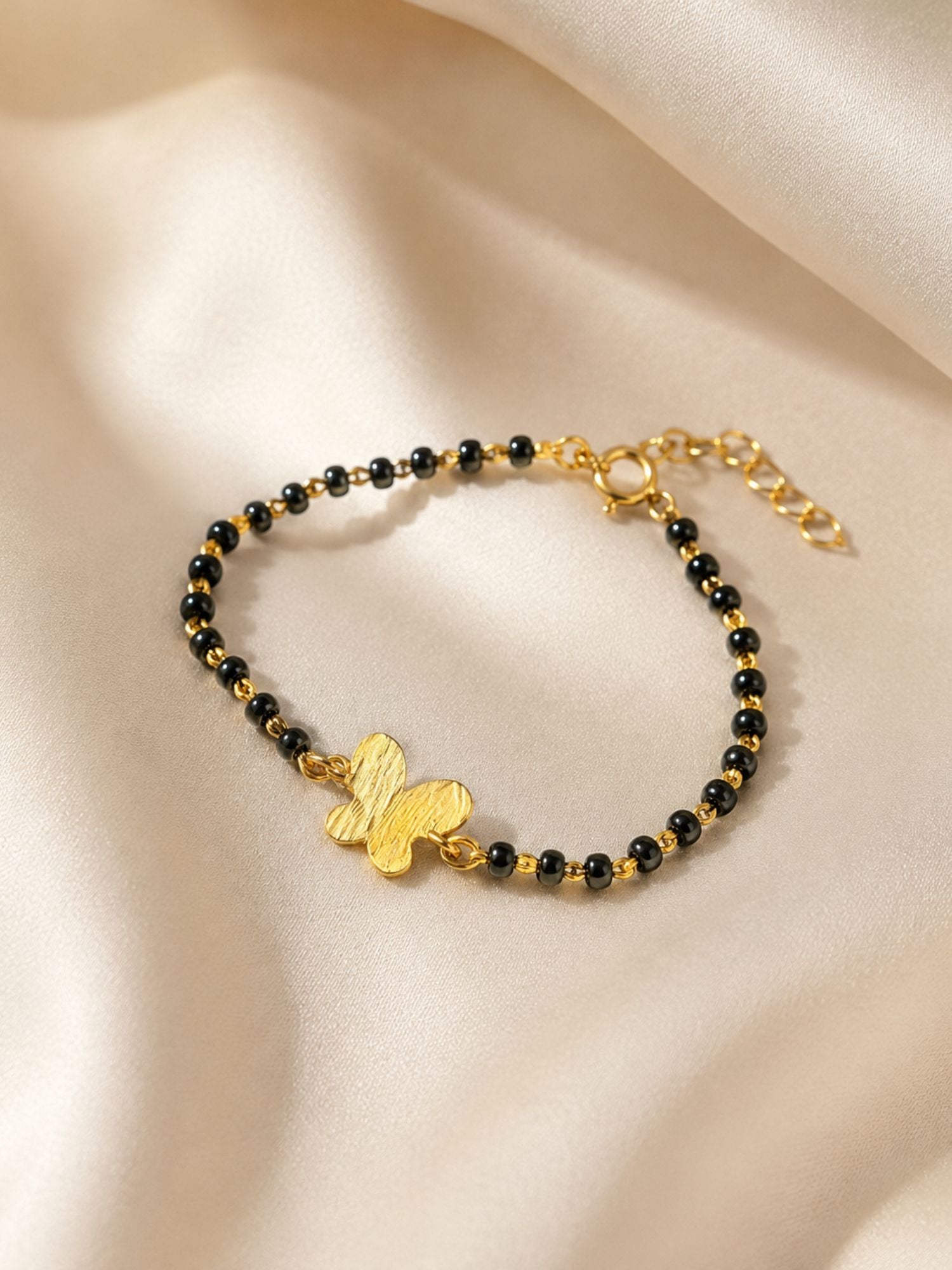 925 Sterling Silver Gold Plated Kids Black Bead Bracelet with Charms