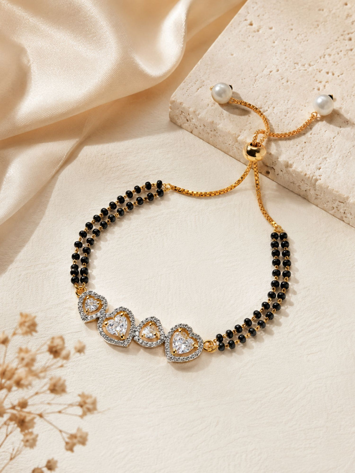 Gold Plated Heart AD Stone Hand Mangalsutra Bracelet for Women