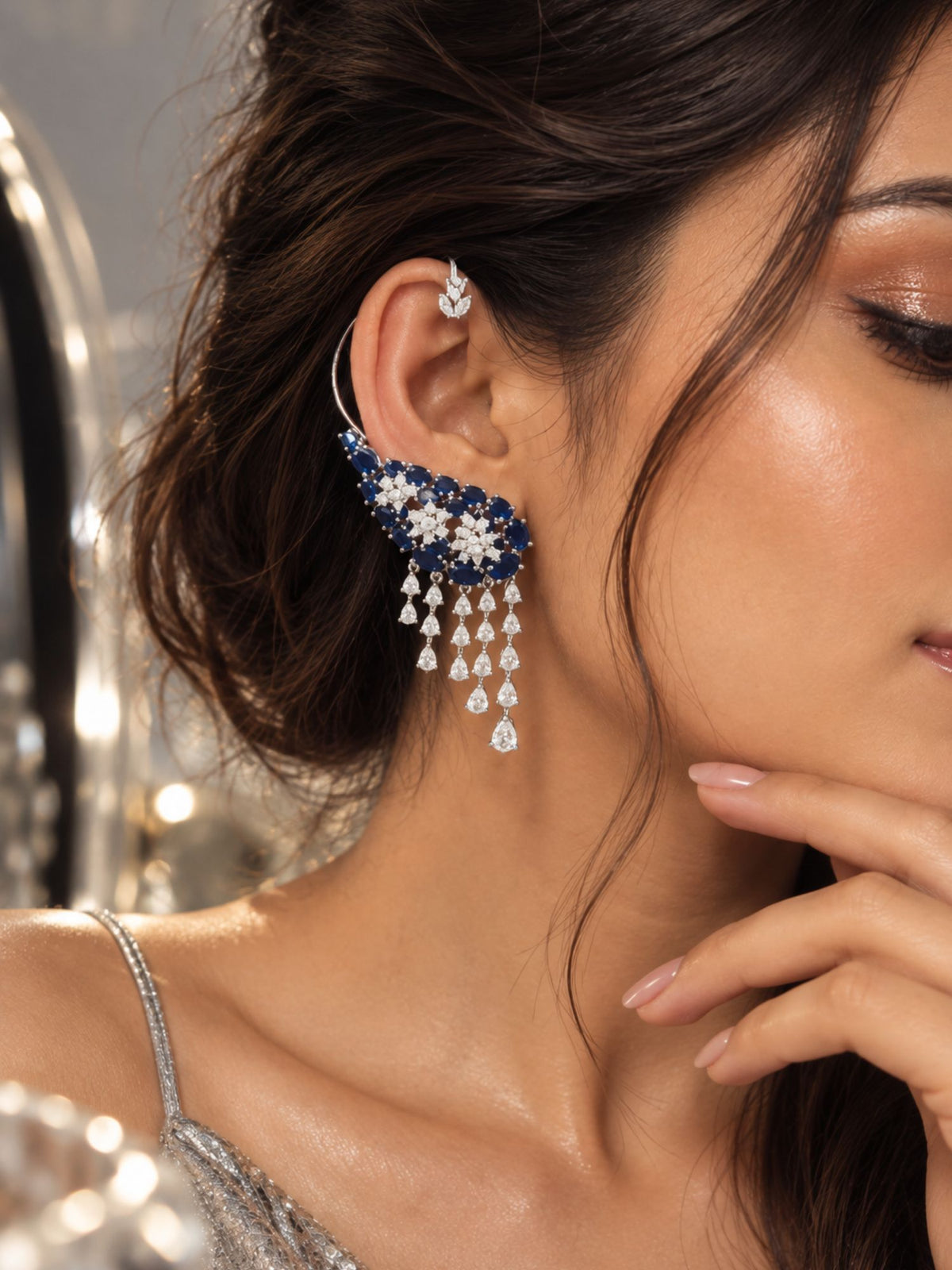 Silver Plated AD Stone Floral Statement Ear Cuff Earrings for Women