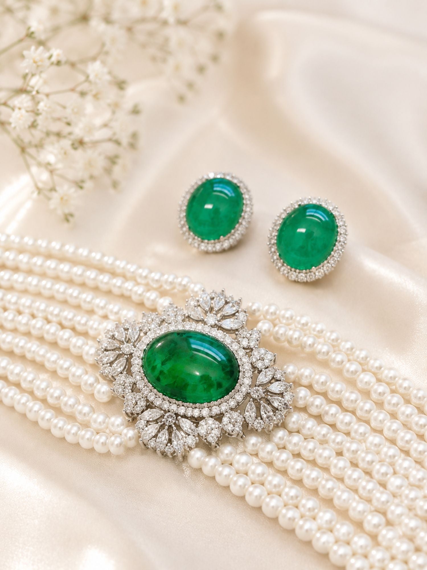 Emerald Pearl Choker Necklace Set in Silver Plating | Abdesigns