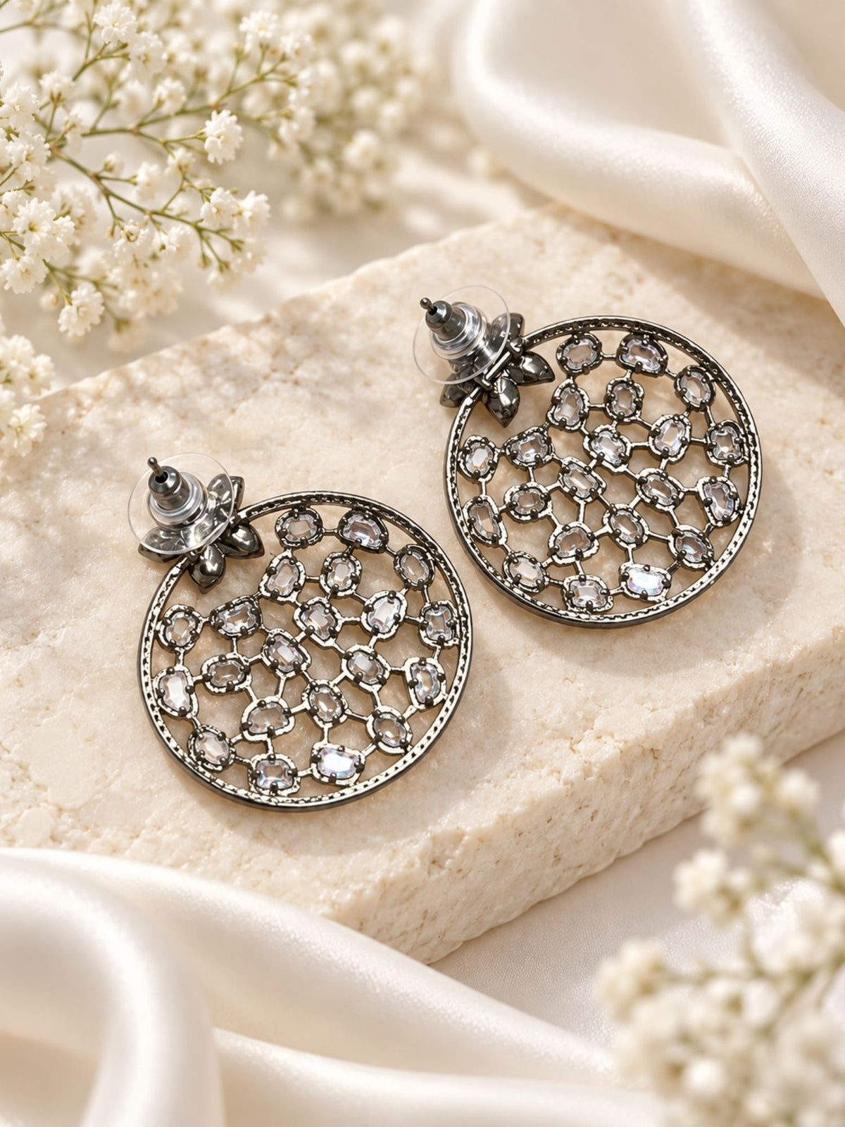 Black Rhodium Kundan Polki Floral Statement Earrings | Abdesigns