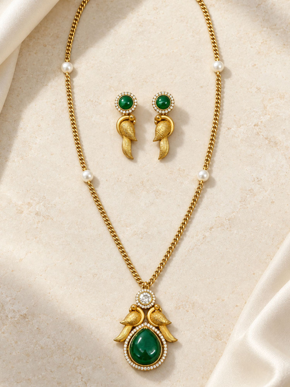 Gold Plated Green Stone Bird Pendant Necklace Set with Earrings for Women