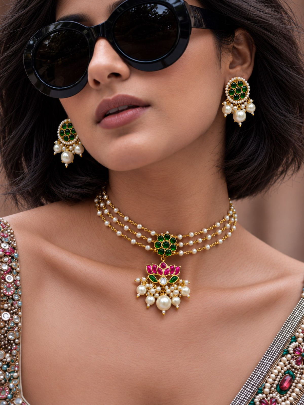Gold Plated Kundan Green Stone Lotus Pearl Choker Necklace Set with Earrings for Women