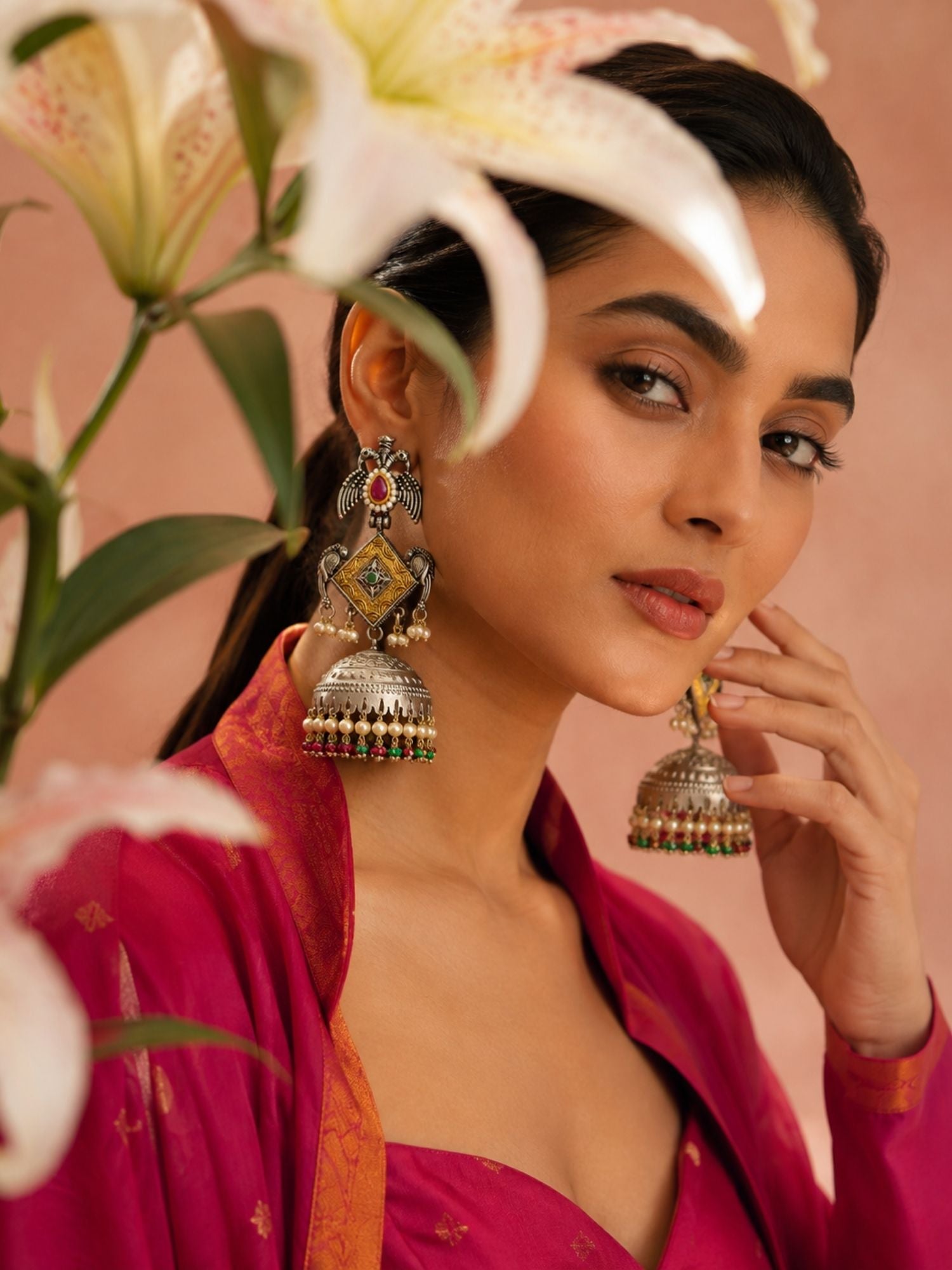 Set of 2 DualTone Multicolor Meenakari German Silver Jhumka Earrings Combo for Women