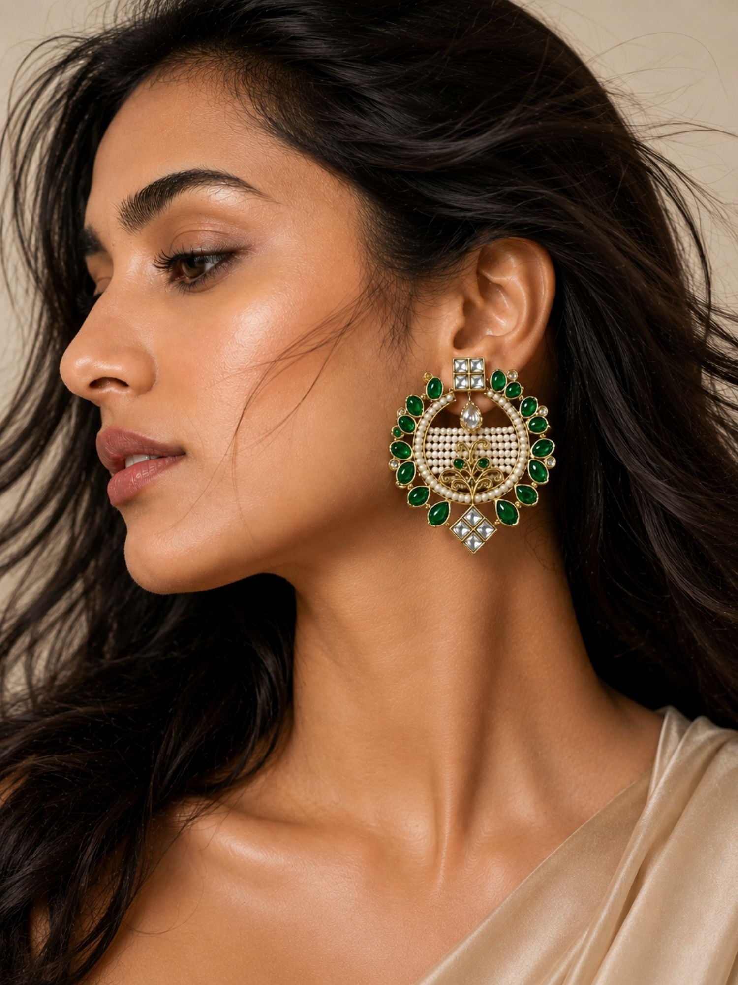 Set of 3 Gold Plated Kundan Pearl Festive Earrings for Women