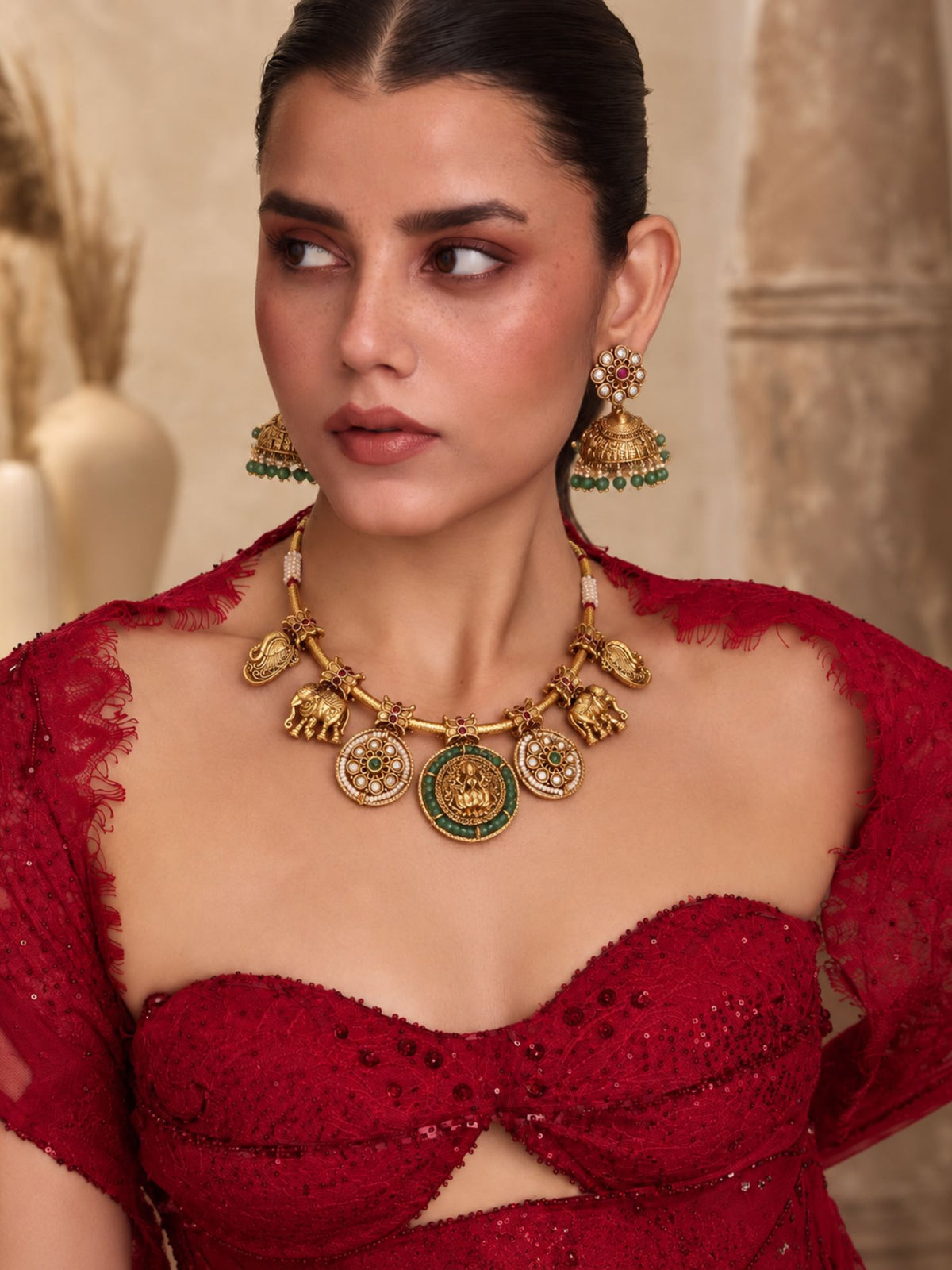 Gold Plated Temple Kundan Hasli Necklace Set with Jhumka Earrings