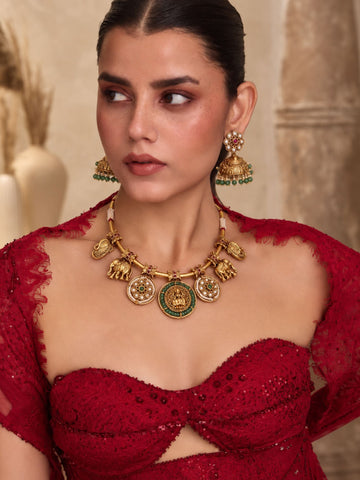 Gold Plated Temple Kundan Hasli Necklace Set with Jhumka Earrings