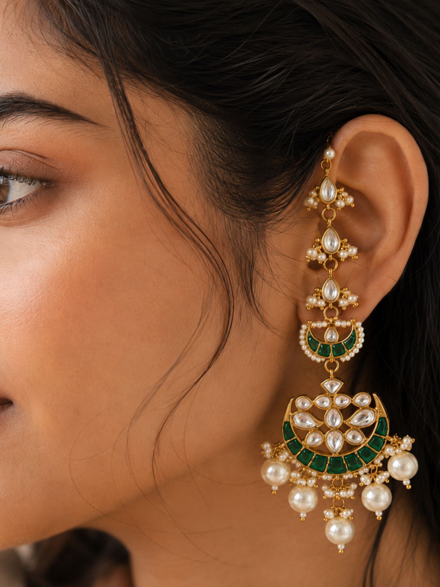 Abdesigns Pachi Kundan Ear Cuff Chandbali Earrings with Pearl Drops