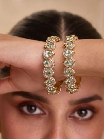 Gold Plated Green Stone Kundan Paisley Bangles for Women