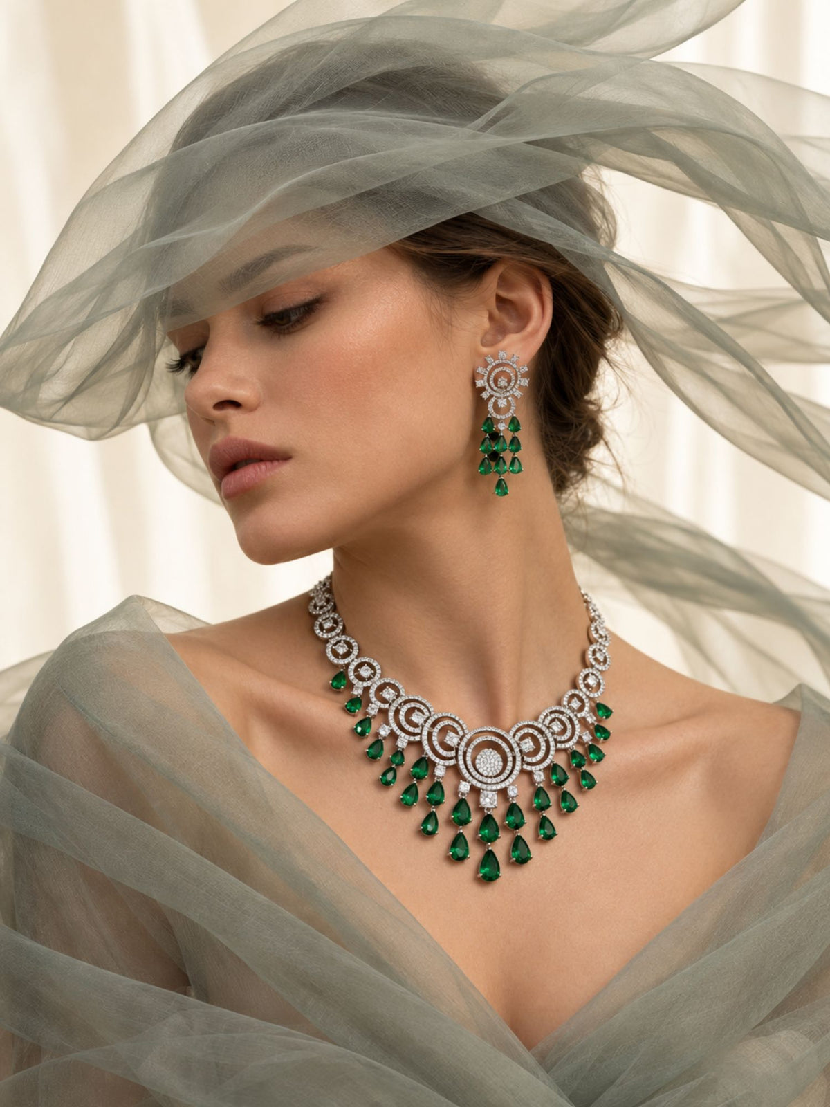 Sparkling Green American Diamond Necklace Set for Women