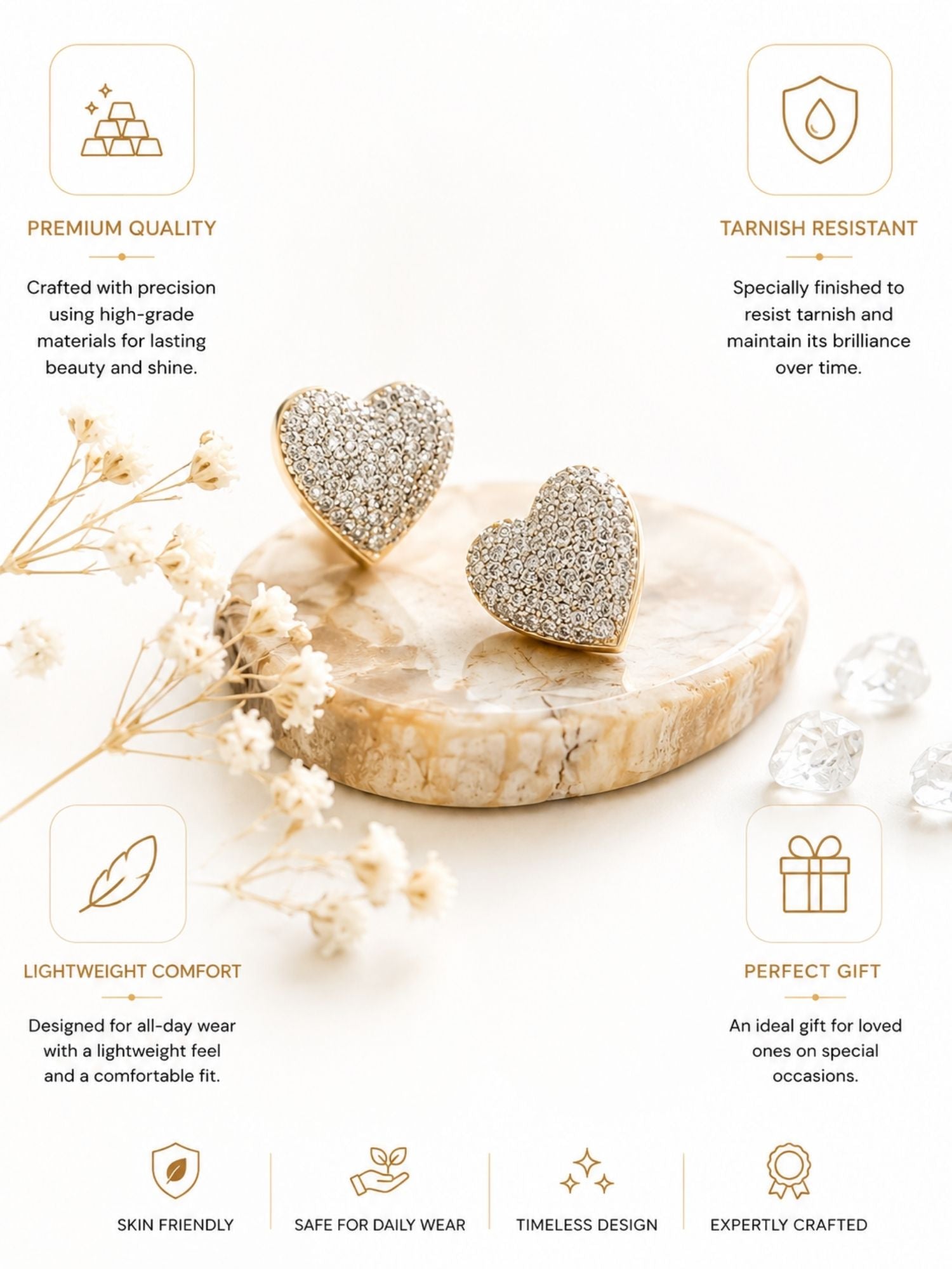 925 Sterling Silver Gold Plated Heart CZ Stud Earrings for Women