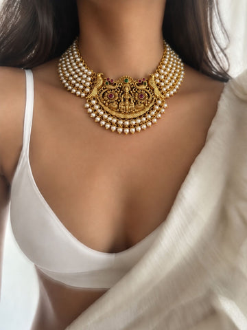 Gold Plated Temple Lakshmi Pearl Necklace Set with Earrings