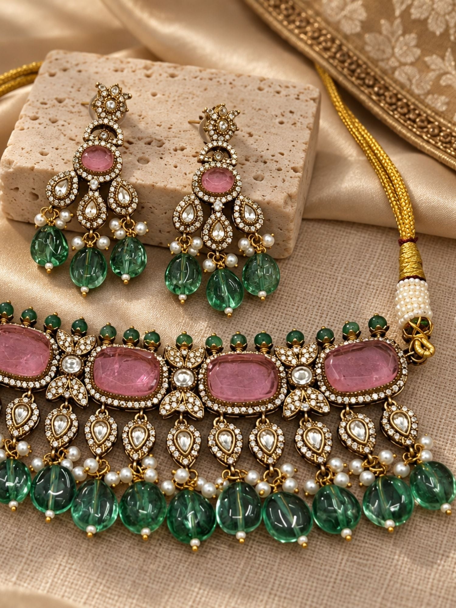 Pink Stone Green Bead Kundan Choker Necklace Set with Earrings