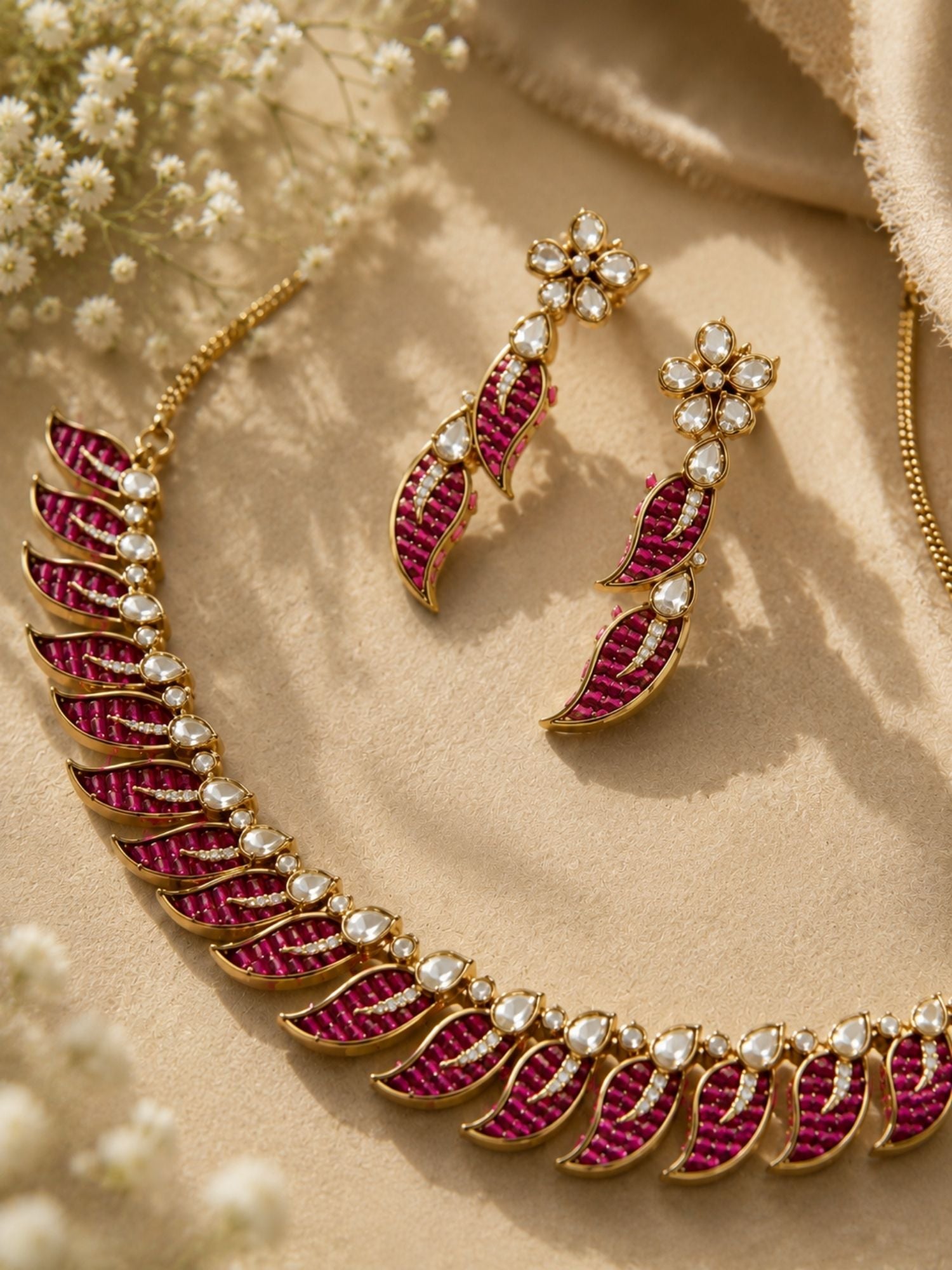 Victorian Gold Plated Pink Leaf Necklace Set with Earrings | Abdesigns