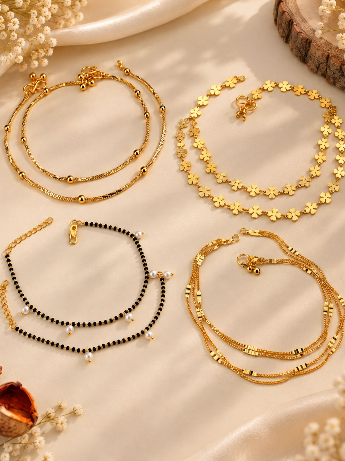 Set Of 4 Gold Plated Designer Anklets for Women
