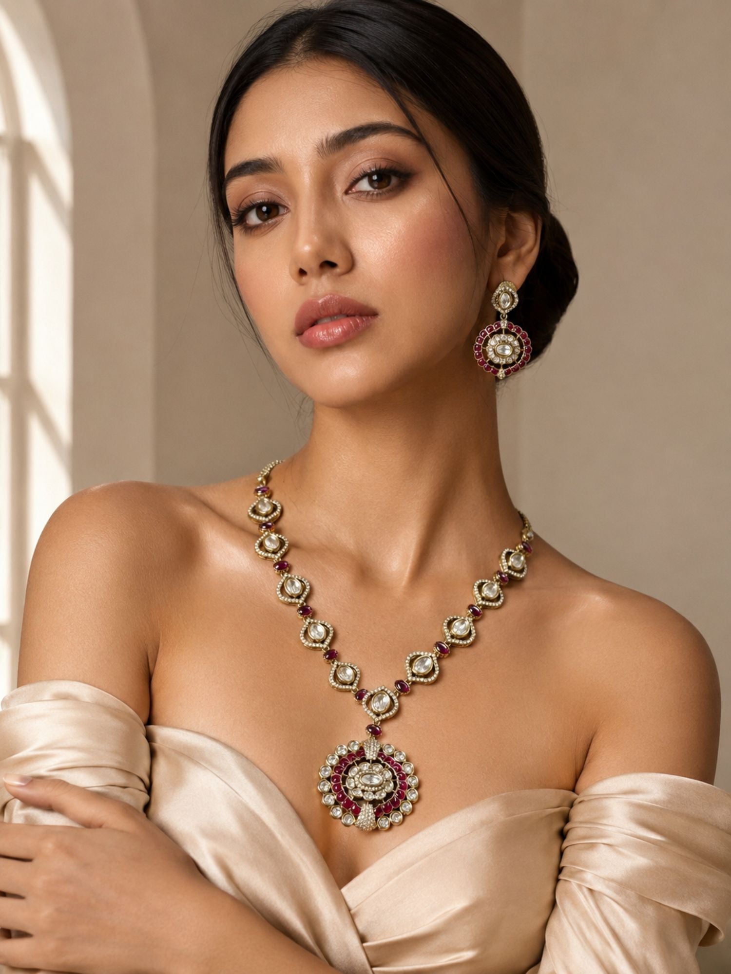 Ruby Kundan Pendant Necklace Set in Gold Plating | Abdesigns