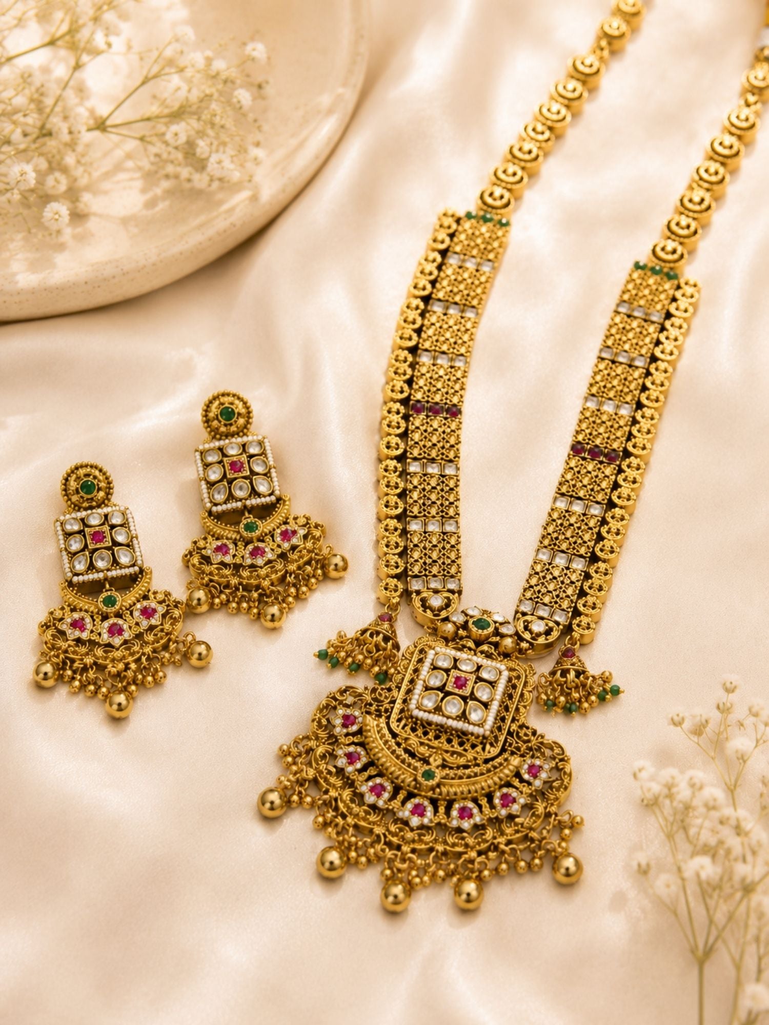 Gold Multicolour Ruby Green Stones Kundan Long Necklace Set  | Abdesigns
