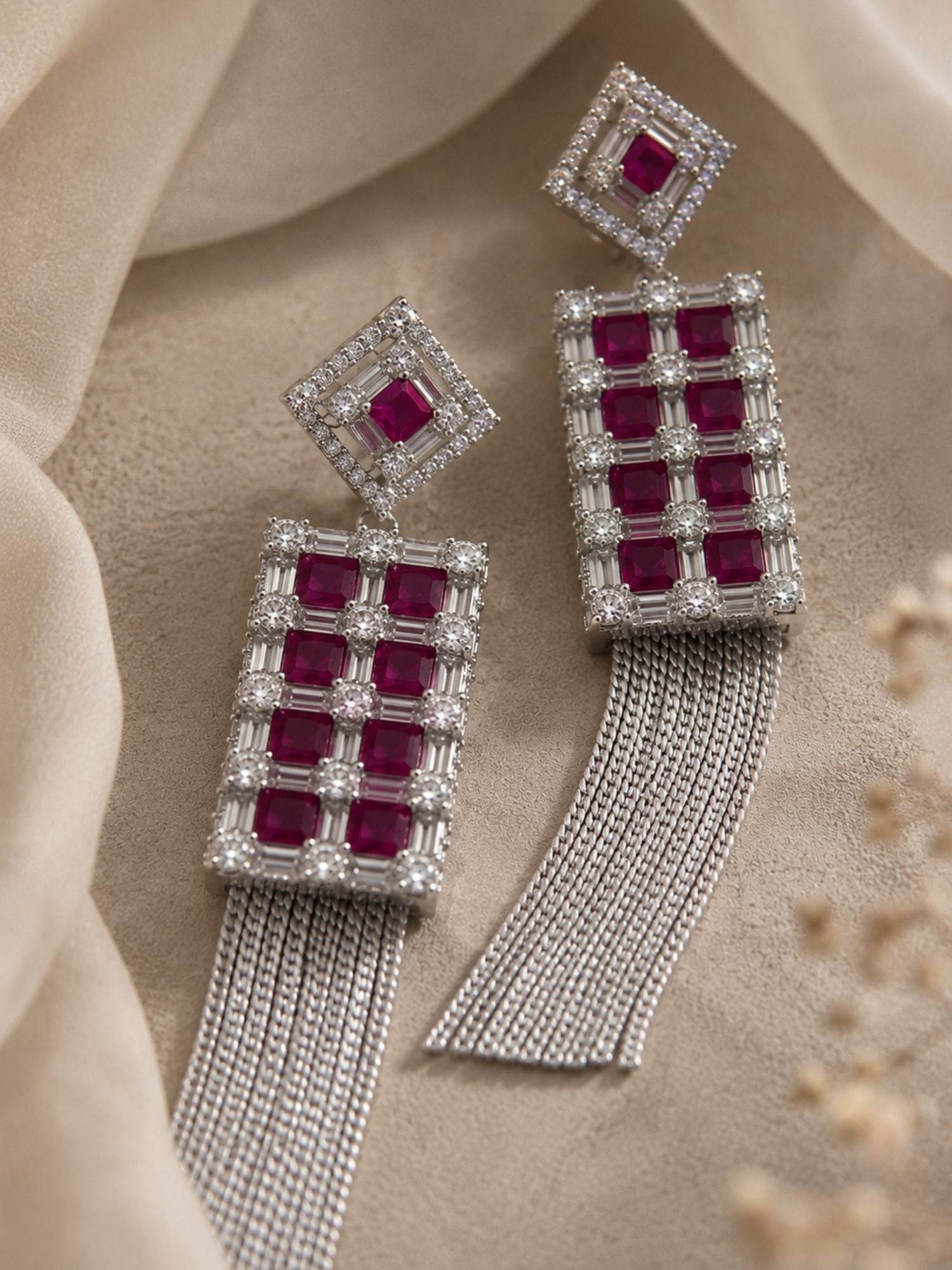 Ruby CZ Tassel Earrings in Silver Finish – Party Wear - earrings by Abdesigns Jewellery