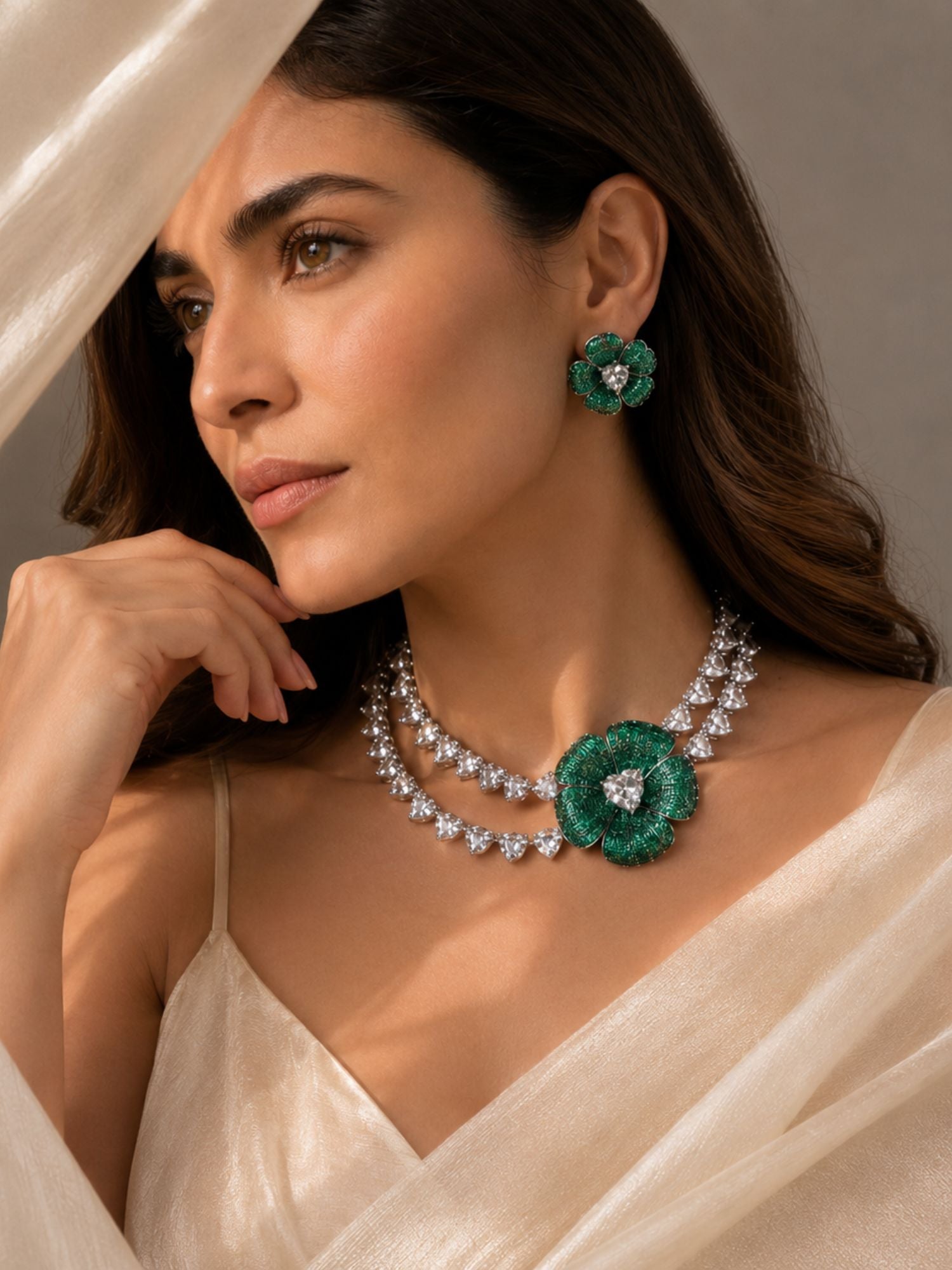 Emerald Bloom Floral Necklace Set with Crystal Petal Drops - necklace by Abdesigns Jewellery