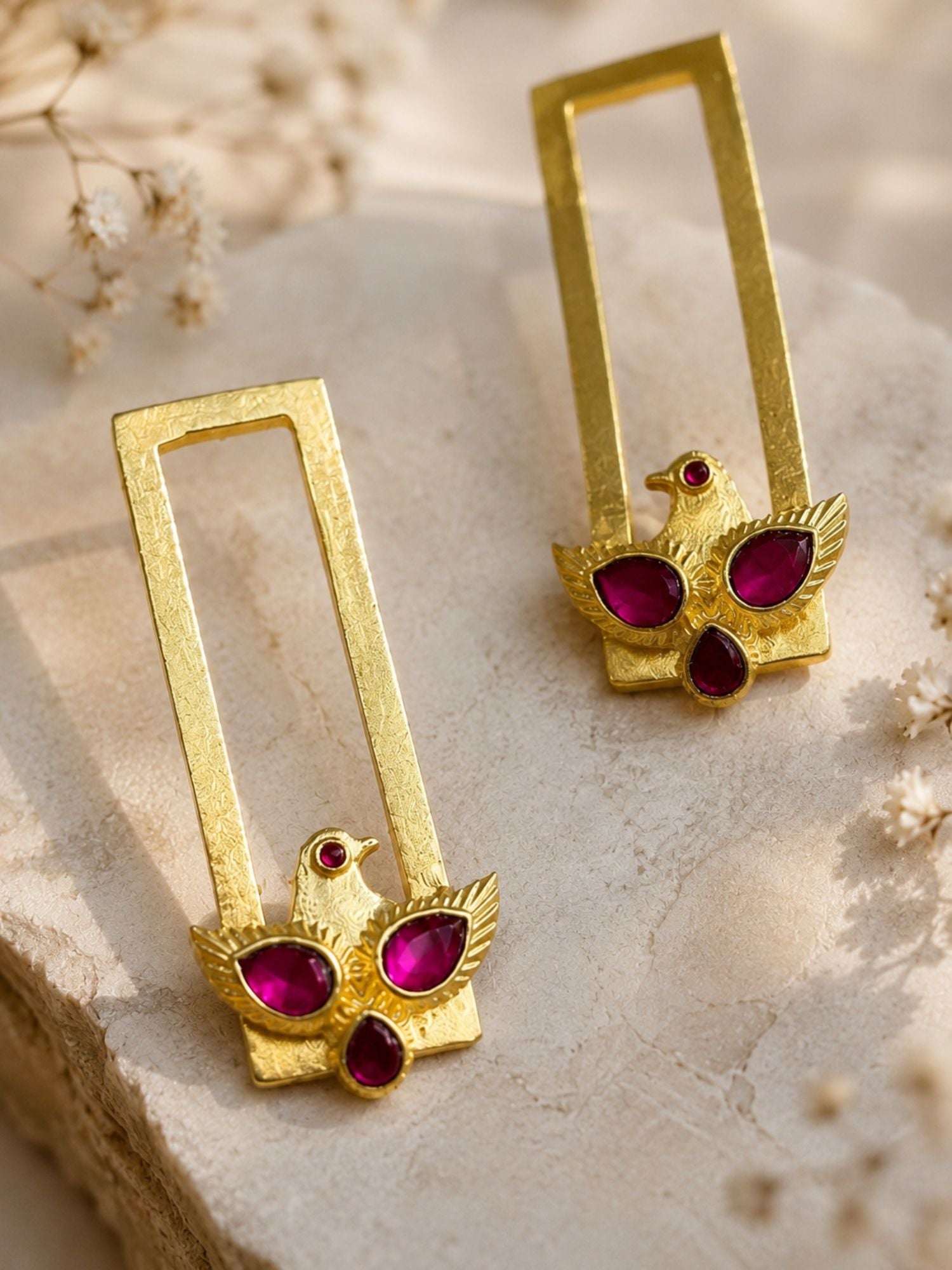Pink Kemp Bird Motif Earrings in Gold Plating Festive Wear | Abdesigns
