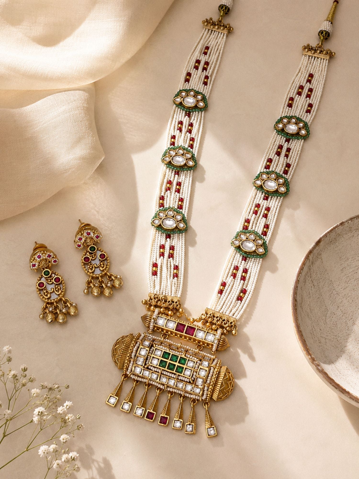 Antique Gold Plated Multicolor Kundan Pearl Layered Mala Necklace Set with Earrings