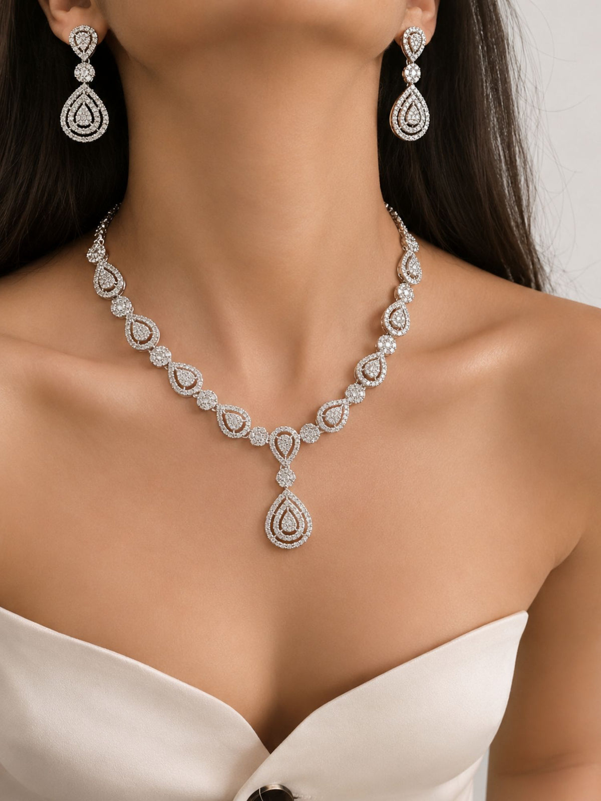 Silver Plated AD Stone Teardrop Necklace Set with Earrings for Women