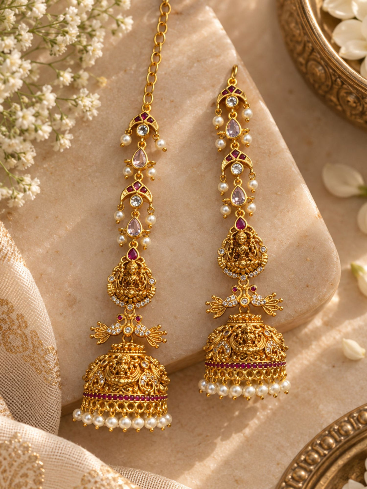 Traditional Lakshmi Temple Kaan Chain Jhumka Earrings