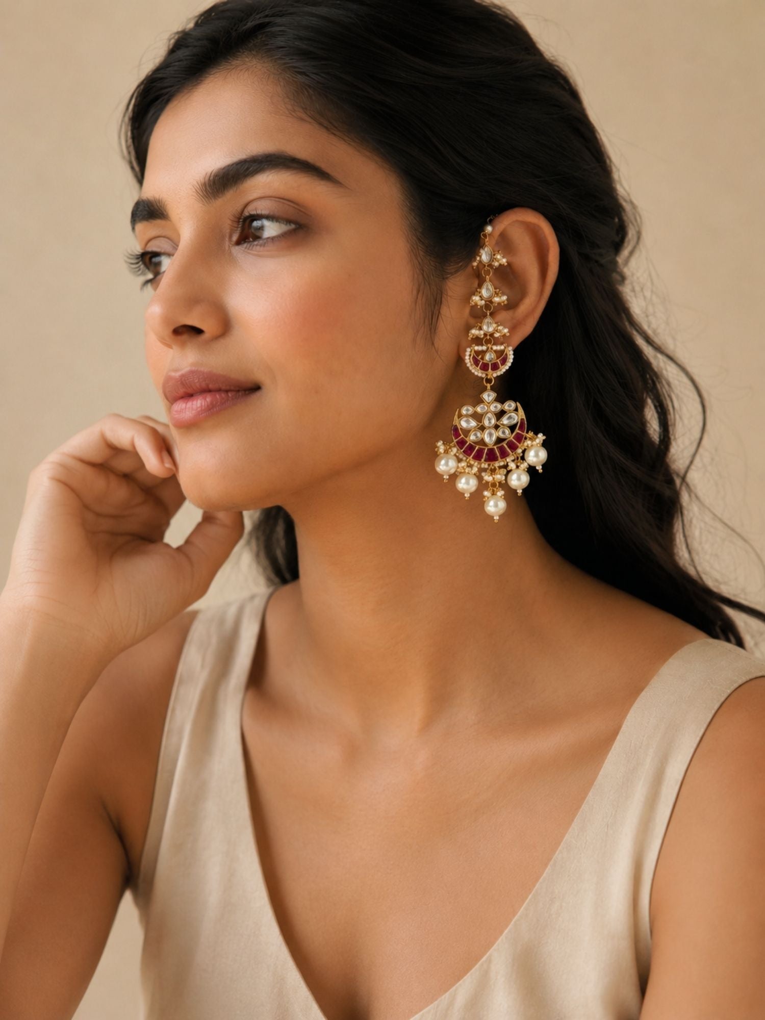 Kundan Ear Chain Earrings in Gold Plating – Festive | Abdesigns