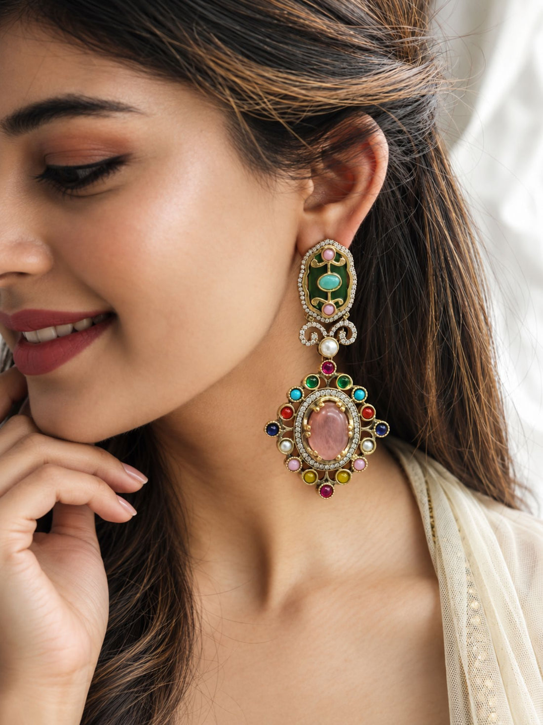 Victorian Oxidsed Gold Drop Earrings in Multicolor Stones – Festive | Abdesigns