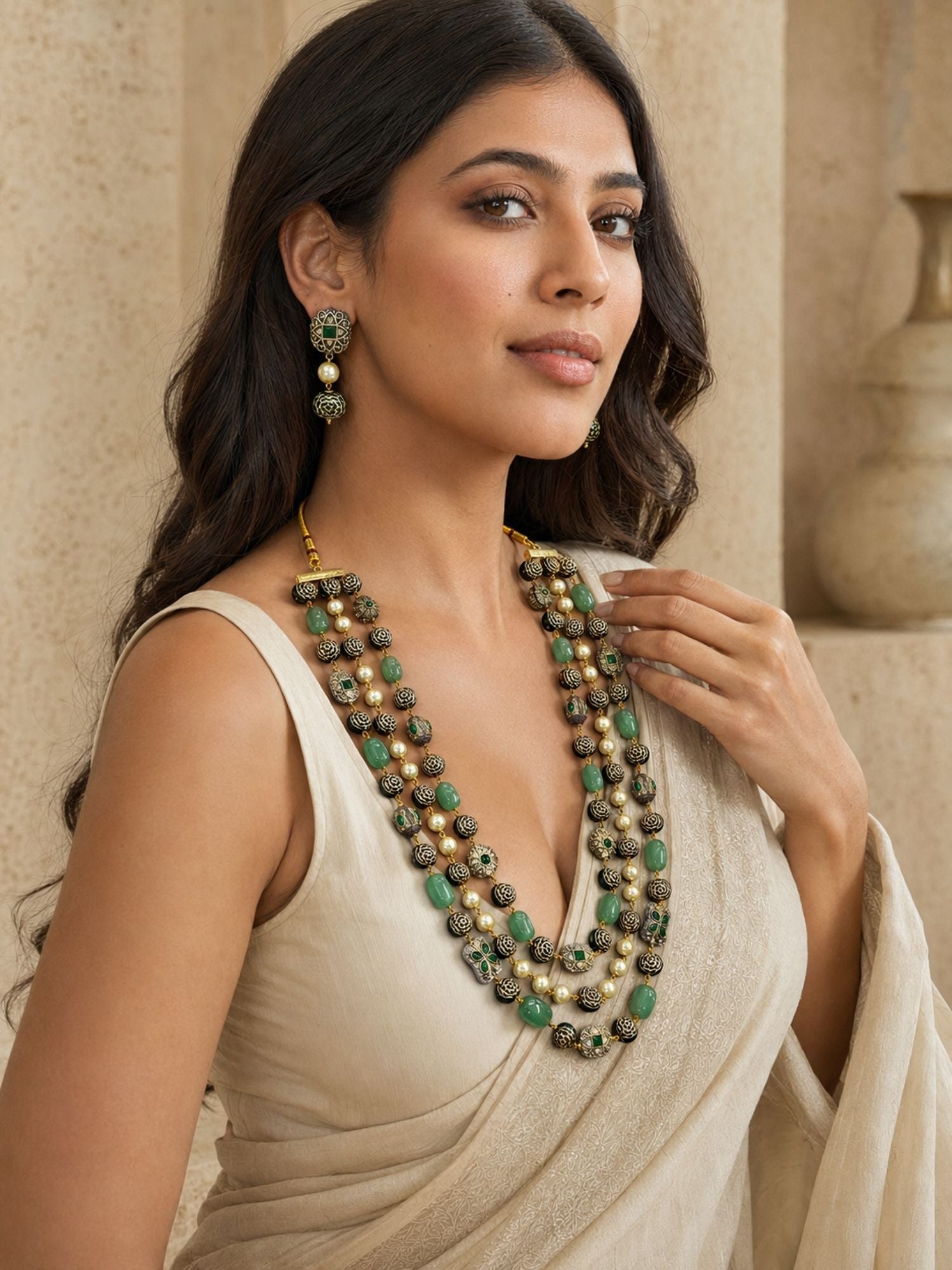 Antique Gold Plated Green Bead Pearl Mala Necklace Set with Earrings