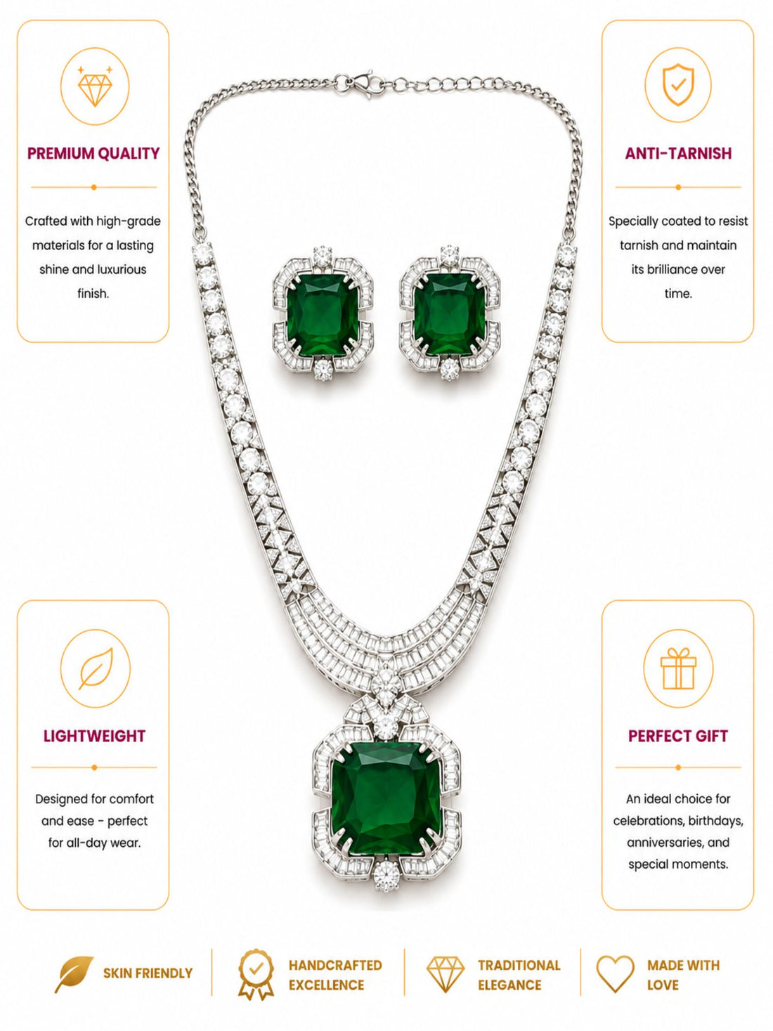 Emerald Green CZ Necklace Set in Silver Plating – Party | Abdesigns