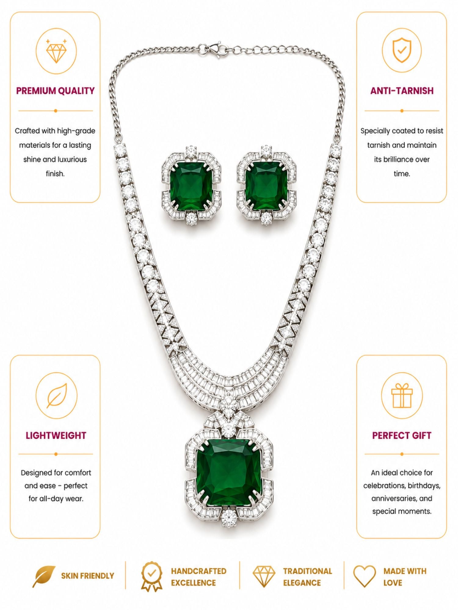Emerald Green CZ Necklace Set in Silver Plating – Party | Abdesigns