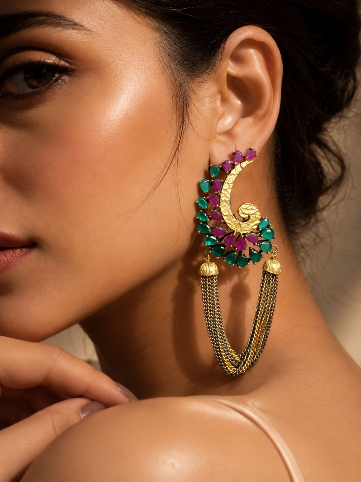 Multicolor Chain Tassel Statement Earrings Dual Tone | Abdesigns