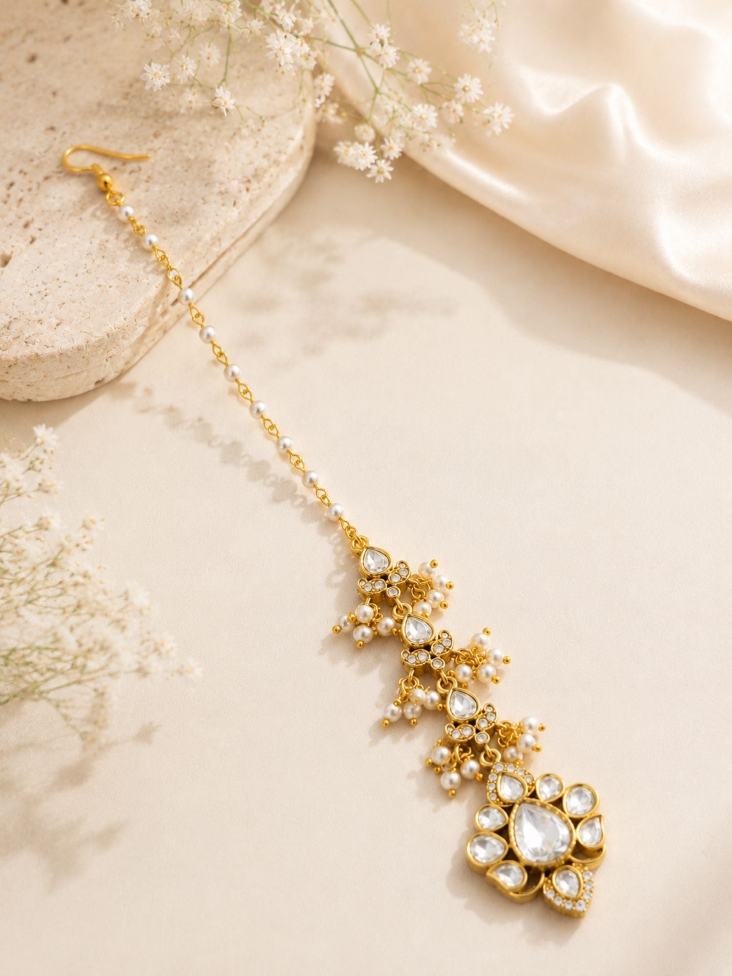 Bridal Polki Pearl Maang Tikka in Oxidsed Gold Plating | Abdesigns