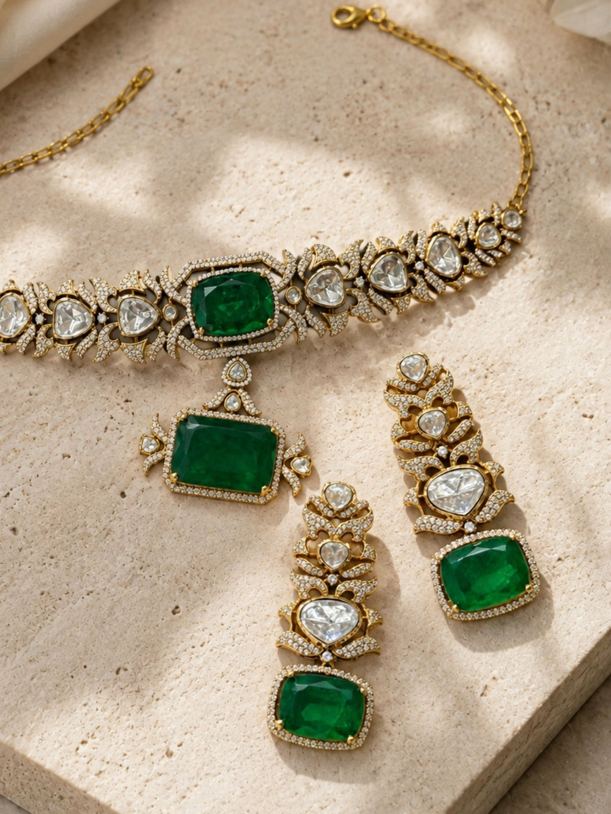 Gold Plated Green Stone Kundan Choker Necklace Set with Earrings