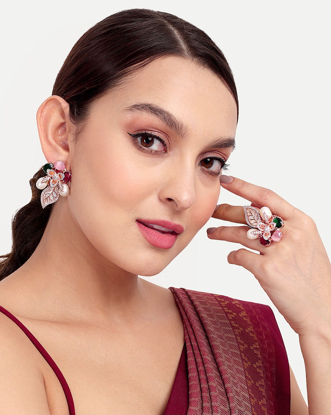 Designer Mother Pearl Floral Design Earring & Ring Combo Set