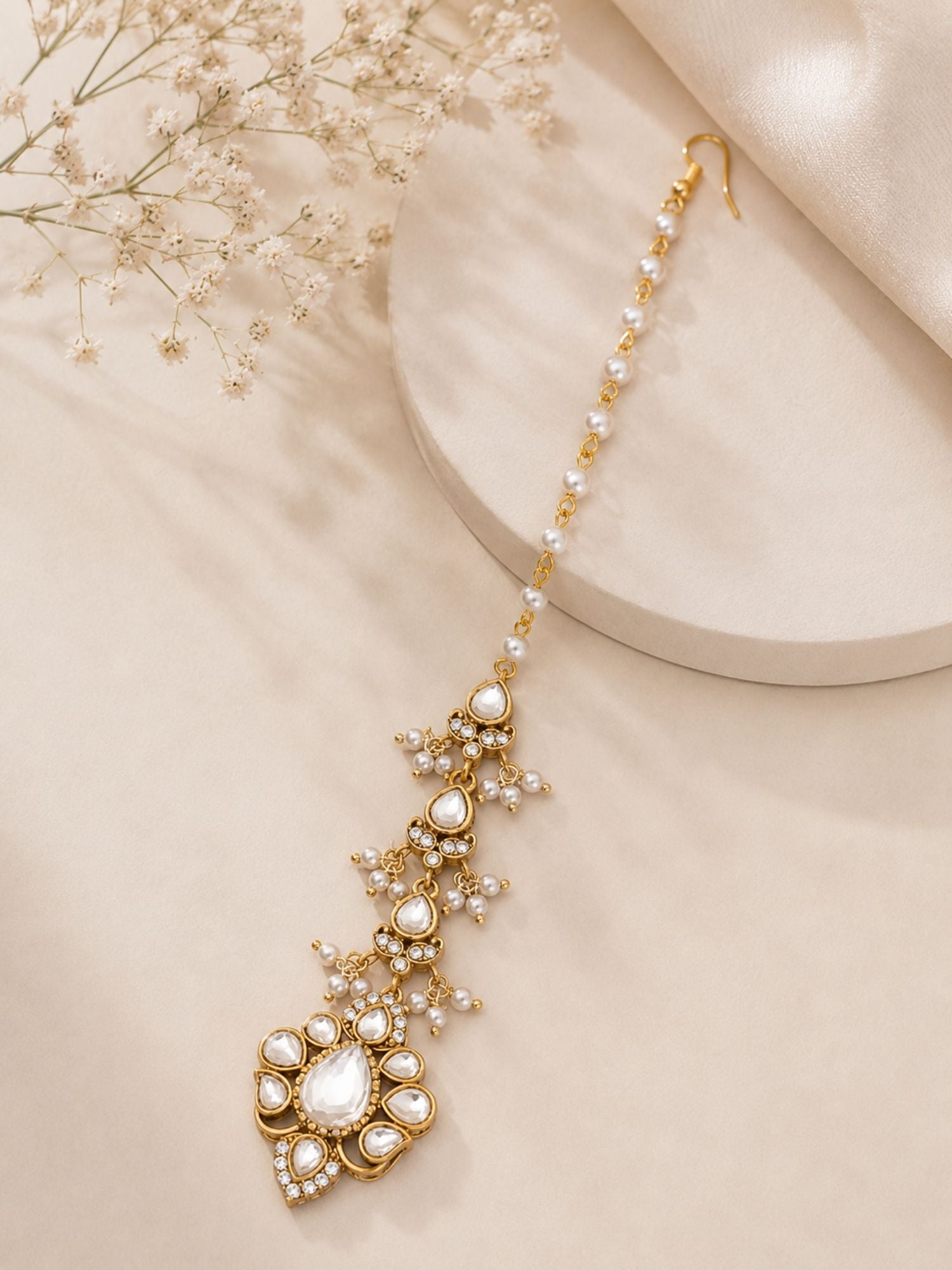 Bridal Polki Pearl Maang Tikka in Oxidsed Gold Plating | Abdesigns