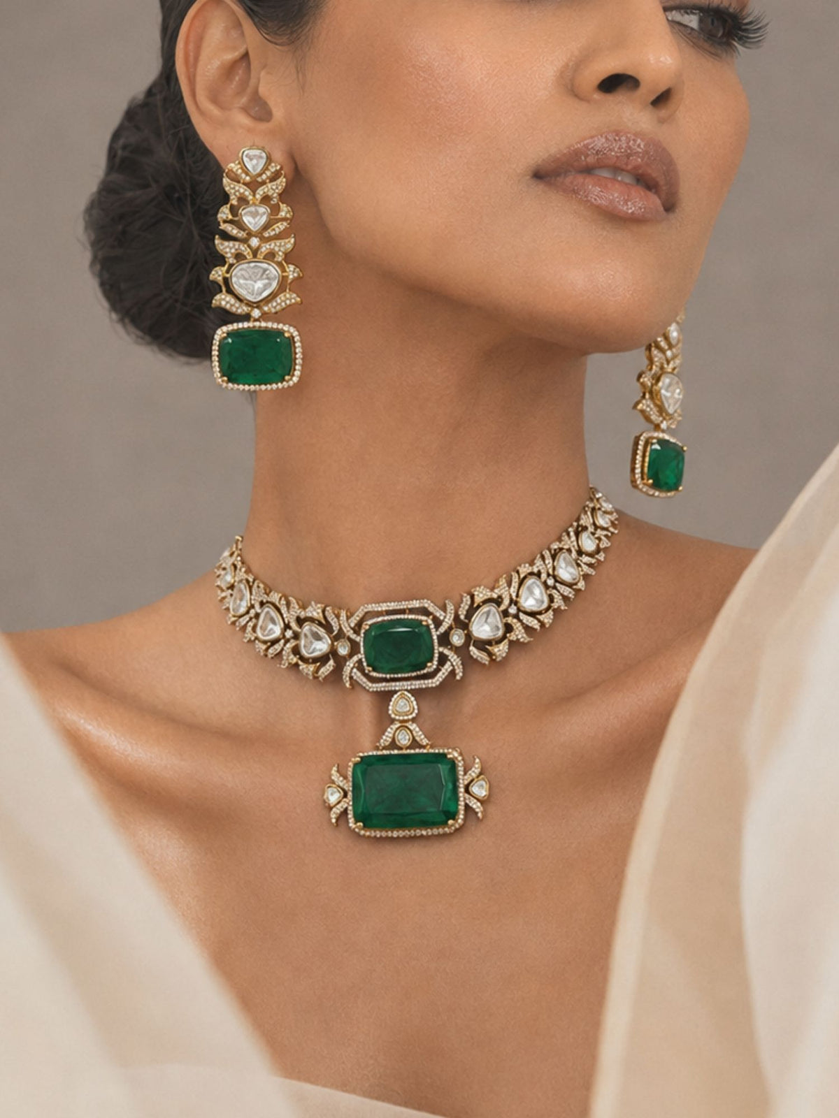 Gold Plated Green Stone Kundan Choker Necklace Set with Earrings