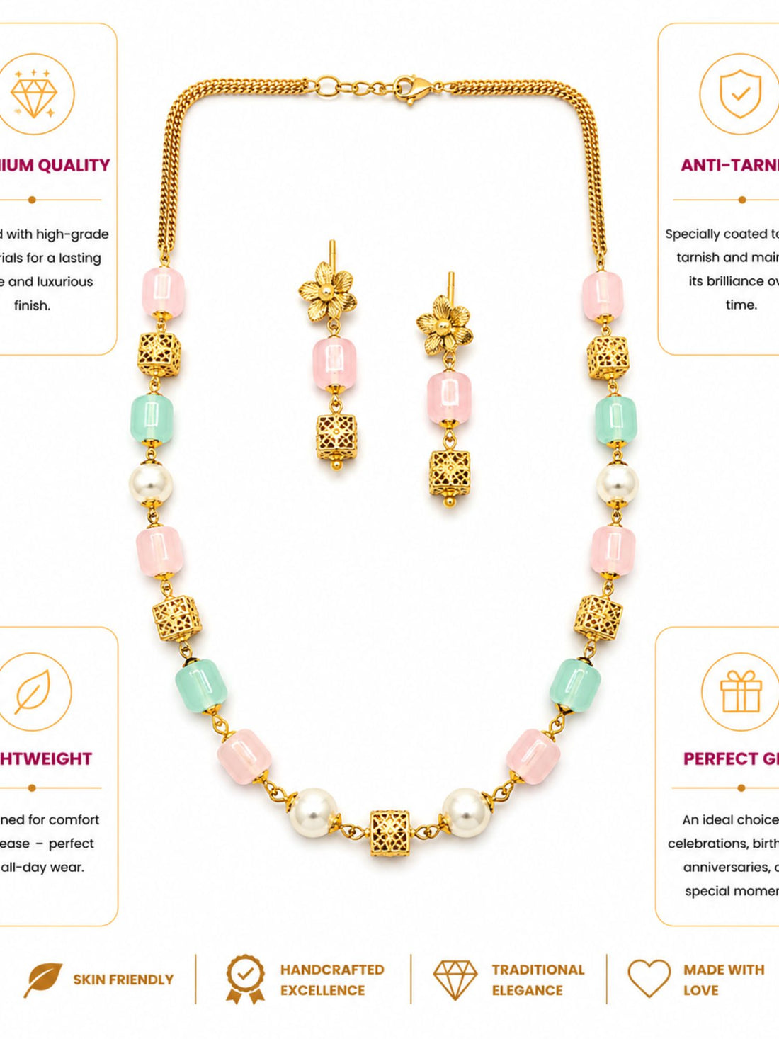 Pastel Beaded Necklace Set in Gold Plating | Abdesigns