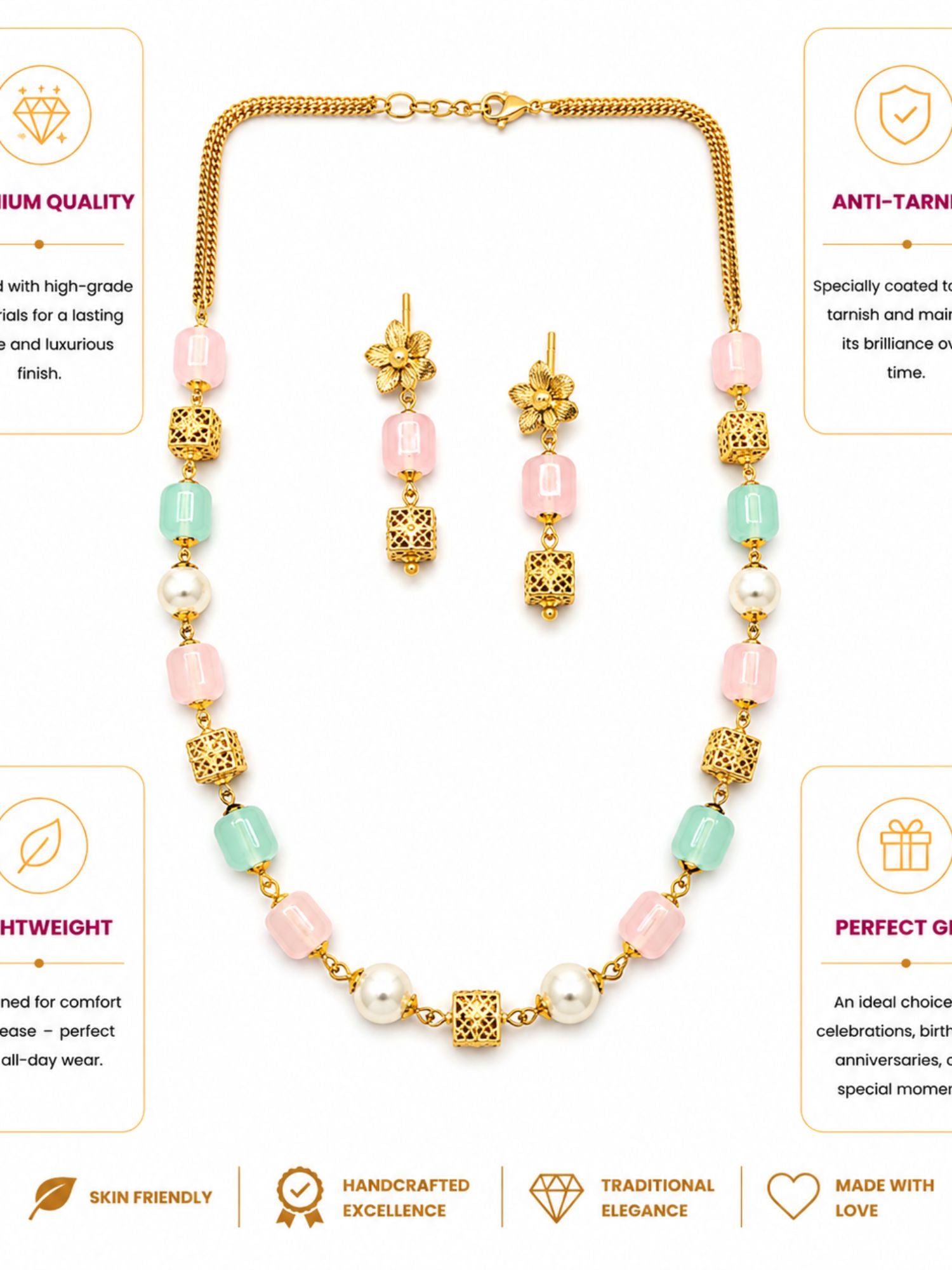 Pastel Beaded Necklace Set in Gold Plating | Abdesigns