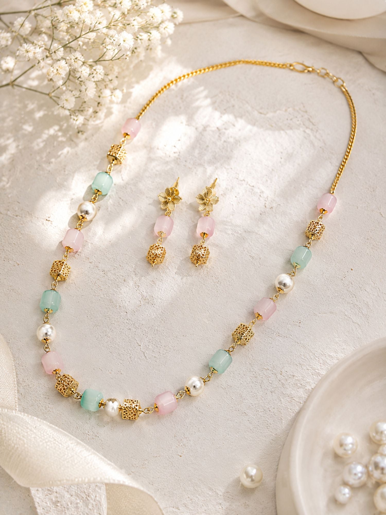 Pastel Beaded Necklace Set in Gold Plating | Abdesigns